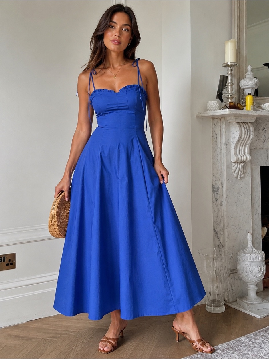 Zara Poplin Tie Shoulder Midi Dress | Cornflower Blue | S Nwt